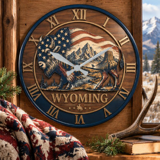 Grande Horloge Ronde Wyoming Patriotic American Flag Bison Wooden