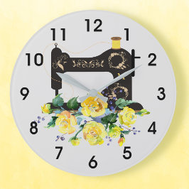 Grande Horloge Ronde Yellow Floral Vintage Machine à coudre Monogramme