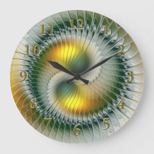 Grande Horloge Ronde Yin Yang Vert Jaune Abstrait Fractal Coloré