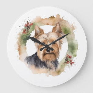Grande Horloge Ronde Yorkshire Terrier Fête de la couronne de Noël Coup