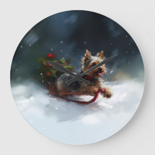 Grande Horloge Ronde Yorkshire Terrier Noël neige hiver