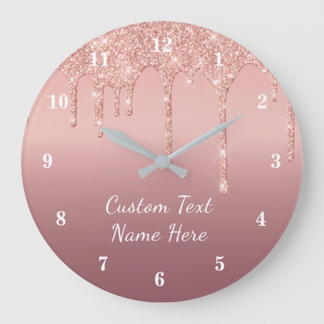 Grande Horloge Ronde Your Text Rose Gold Blush Glitter Sparkle (Recto)