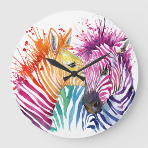 Grande Horloge Ronde Zèbre arc-en-ciel, aquarelle illustration sauvage.