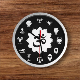 Grande Horloge Ronde Zodiaque noir et blanc - Signes védiques avec symb