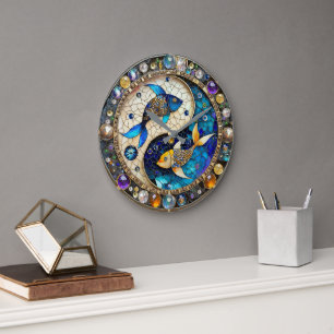 Grande Horloge Ronde Zodiaque - Poissons Yin et Yang