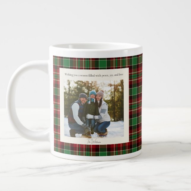 Grande Tasse 2 Photo Green Red Plaid Rustic Monogram Christmas (Gauche)