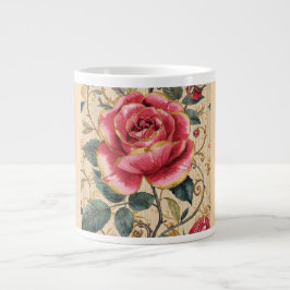 Grande Tasse A Beautiful Shocking Pink Rose, Gold, Luxurious 