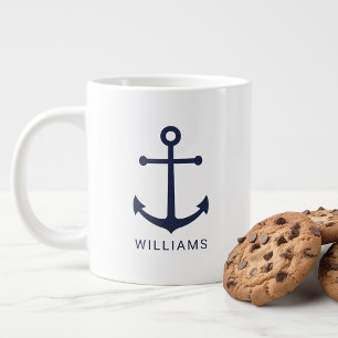 Grande Tasse Ancre bleu marine moderne avec nom personnalisé