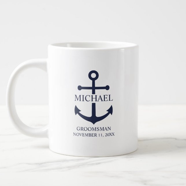 Grande Tasse Ancre Bleue marine Nautique Groomsmen personnalisé (Gauche)
