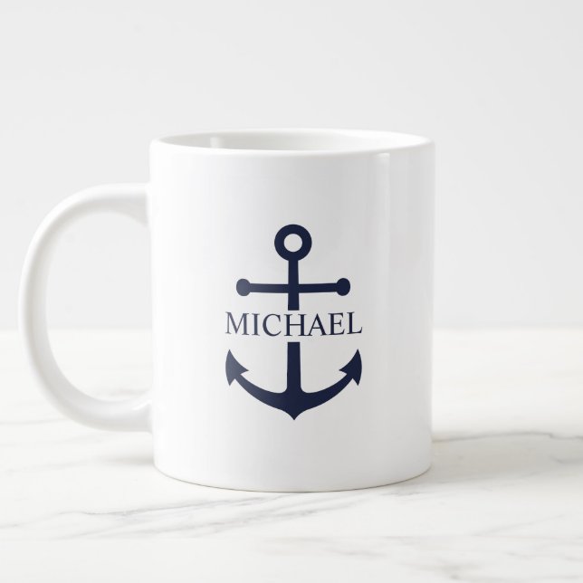 Grande Tasse Ancre bleue marine nautique nom personnalisé (Gauche)