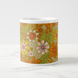 Grande Tasse Années 1960, 1970 Vert & Orange Retro Floral