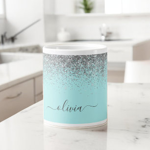 Grande Tasse Aqua Bleu Turquoise Argent Paillettes Monogramme
