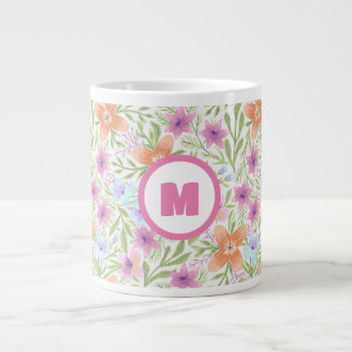 Grande Tasse Aquarelle colorée Fleur de printemps Motif Monogra