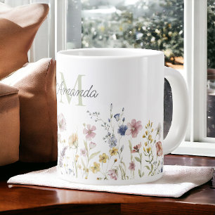 Grande Tasse Aquarelle Fleurs sauvages Boho élégant avec Monogr