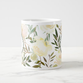 Grande Tasse Aquarelle romantique florale blanche et verte