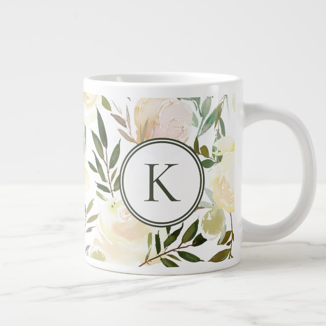 Grande Tasse Aquarelle romantique florale blanche et verte (Droite)
