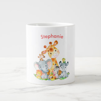 Grande Tasse Aquarelle rose Cute Safari Jungle Animaux