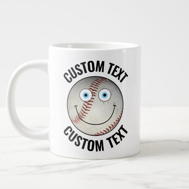 Grande Tasse Bal de baseball Texte personnalisé Visage heureux  (Gauche)