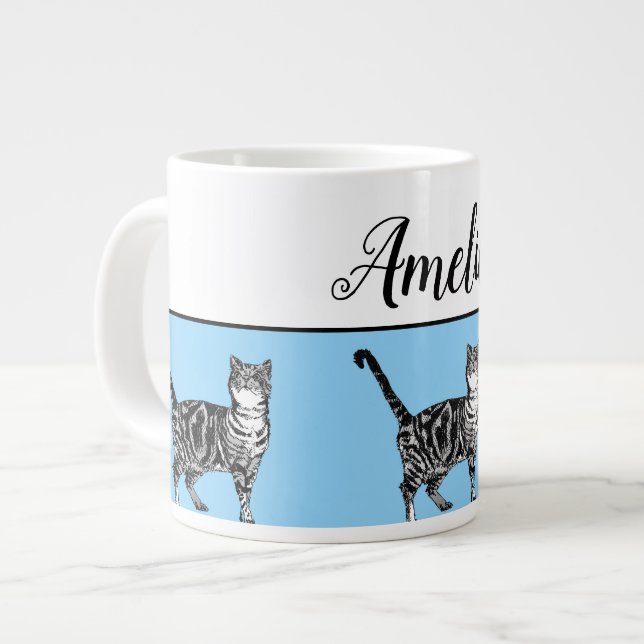 Grande Tasse Bébé Bleu Blanc Tabby chat Chats Whimsical Art Mug (Devant gauche)