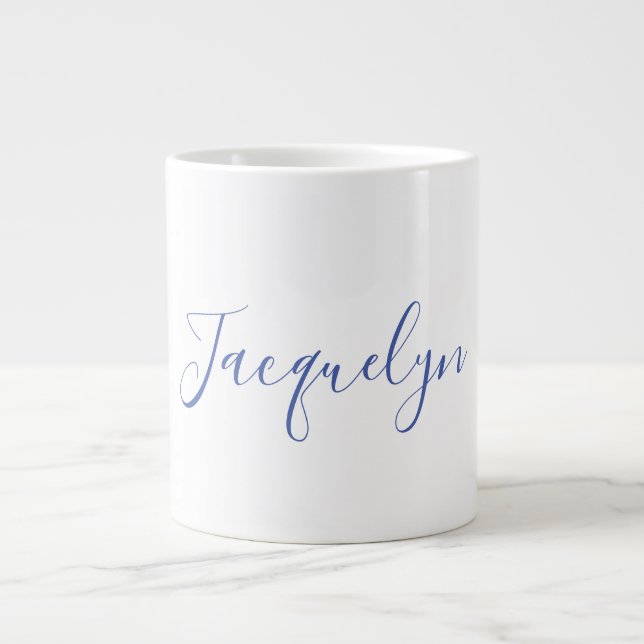 Grande Tasse Bleu Blanc Plaine Élégant Moderne Calligraphie Nom (Devant)