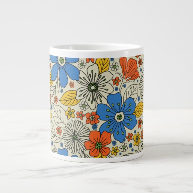 Grande Tasse Bleu rétro, Jaune & Orange Floral (Devant)