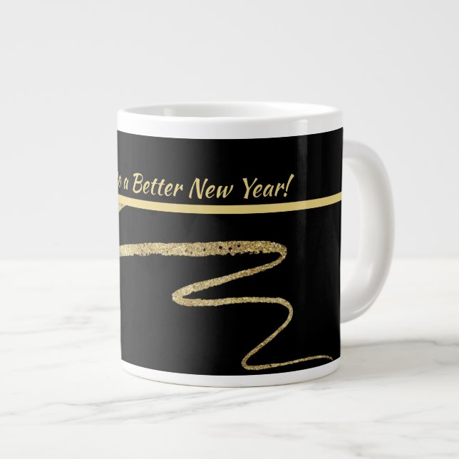 Grande Tasse "Bonjour à un meilleur Nouvel An", Noir & Or (Devant droit)