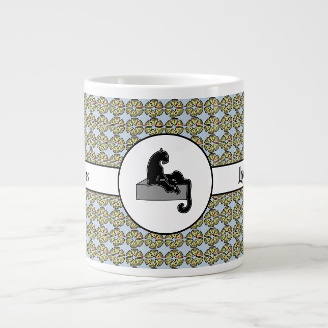Grande Tasse Boss Lady Chat noir et Fleurs roses Bleu (Devant)