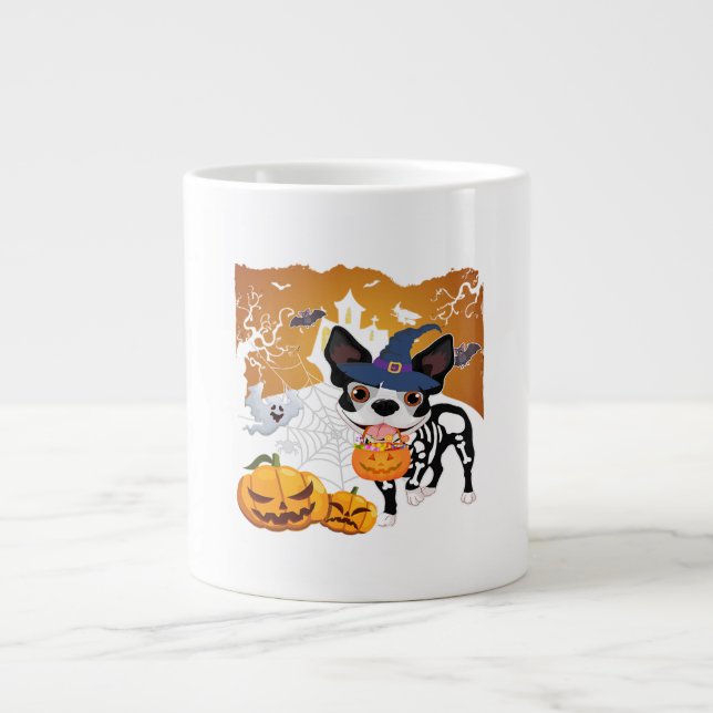 Grande Tasse Boston Terrier Skeleton Chien Citrouille Halloween (Devant)