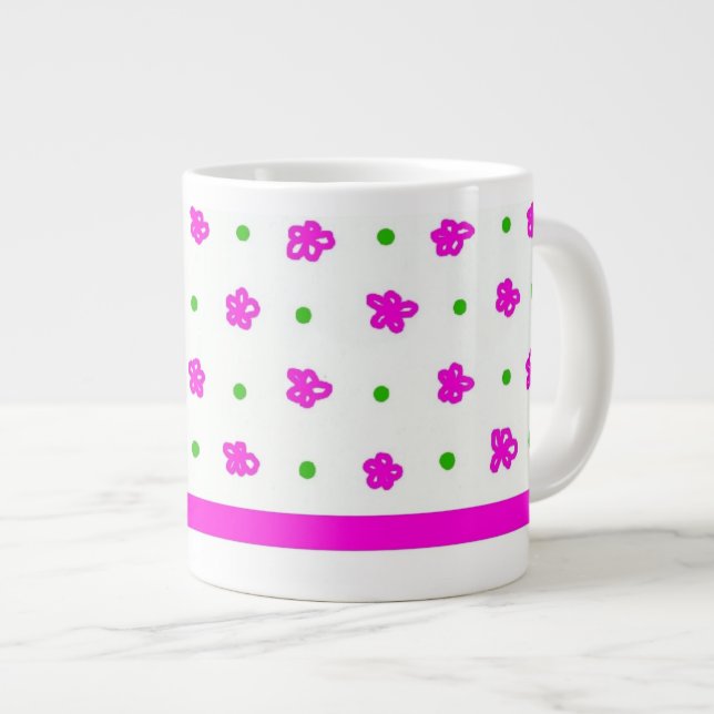 Grande Tasse Bright rose floral motif, Polkas vert sur blanc (Devant droit)