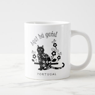 Grande Tasse Chat noir avec fleurs et expression portugaise