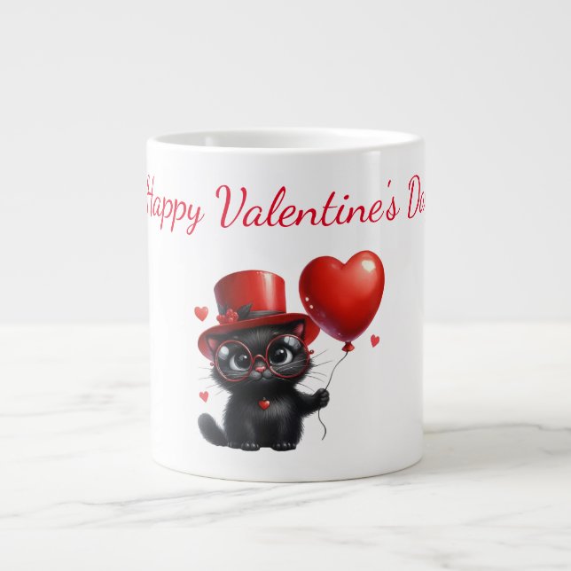 Grande Tasse Chat noir drôle avec ballons Saint-Valentin (Devant)