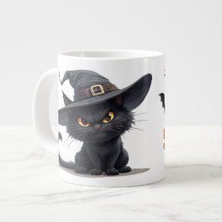 Grande Tasse Chat noir portant un chapeau de sorcière avec magi
