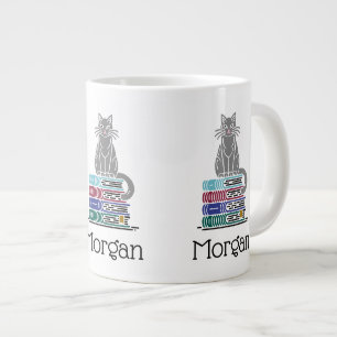 Grande Tasse Chat sur pile de livres Dessin Lithographie #1 Cou