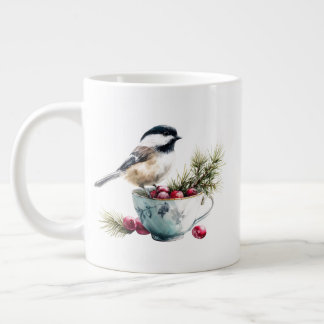 Grande Tasse Chickadee on Teacup With Cranberries