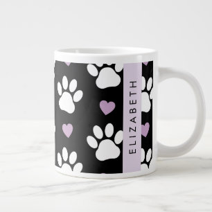 Grande Tasse Chien Paws, White Paws, Lilac Hearts, Votre Nom