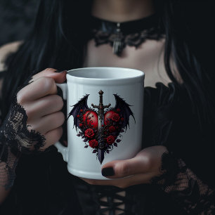Grande Tasse Cœur gothique avec ailes, épée et roses rouges