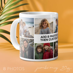 Grande Tasse Collage personnalisé 8 photos - blanc avec texte n