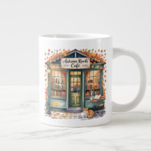 Cozy Autumn Book Café Mug — Open Book & Lantern 