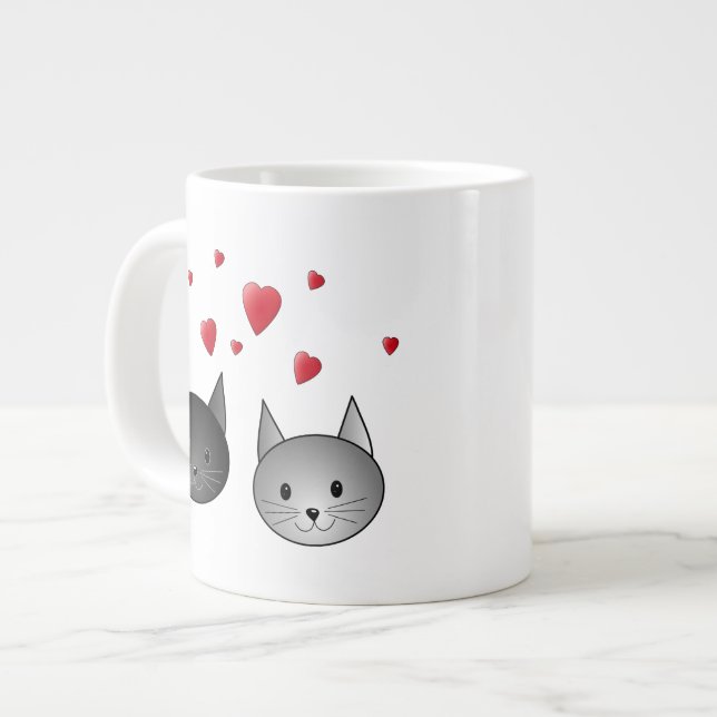 Grande Tasse Cute Chats noirs et gris, avec des Coeurs. (Devant gauche)