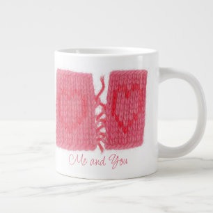 Grande Tasse DEUX CŒURS TRICOTÉS Grand Mug Blanc + Texte