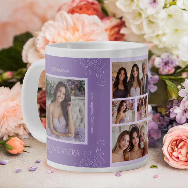 Grande Tasse Élégant Lavande 6 Photo Collage Quinceañera (Créateur téléchargé)