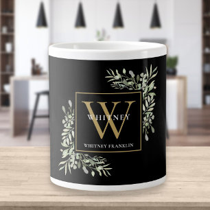 Grande Tasse Élégant Monogramme Moderne de Verdure Noir en Or