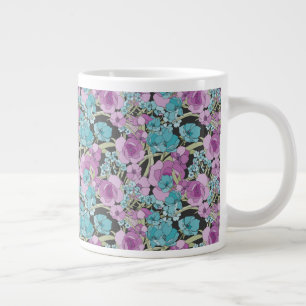 Grande Tasse Elégant motif floral rose pourpre fond noir