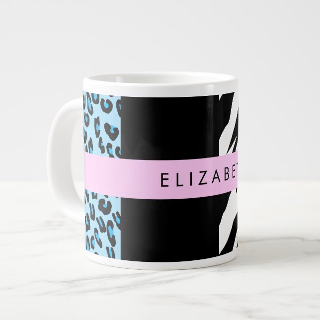 Grande Tasse Empreinte de léopard, Zebra Print, Bleu, Votre nom (Devant gauche)