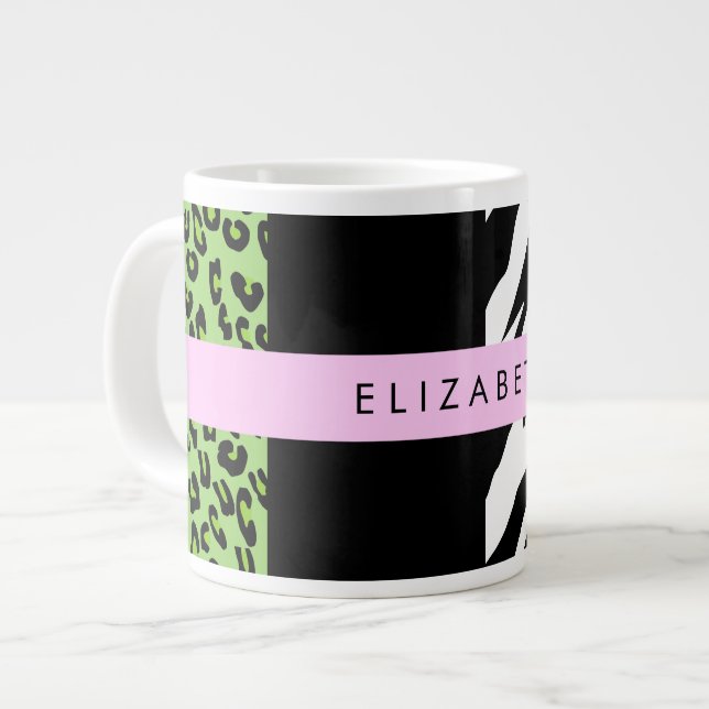Grande Tasse Empreinte de léopard, Zebra Print, Vert, Votre nom (Devant gauche)