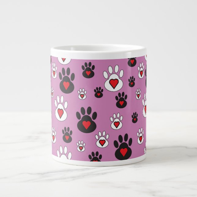 Grande Tasse Empreintes de pattes aux coeurs rouges sur rose (Devant)