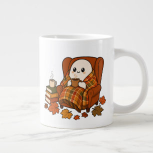 Grande Tasse Fantôme cosy d'automne avec café   Lecture kawaii 
