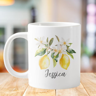 Grande Tasse Fleurs Blanches de Citron à Monogramme Branche d'A