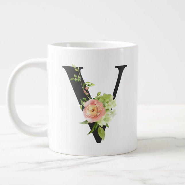 Grande Tasse Fleurs d'aquarelle Mug initial avec la lettre V (Gauche)