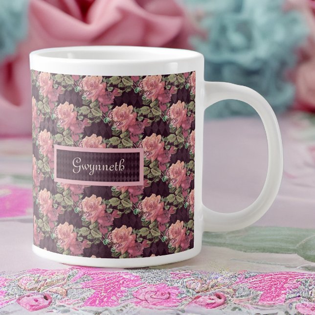 Grande Tasse Fleurs de pêche et papillon sur Arlequin violet (Créateur téléchargé)